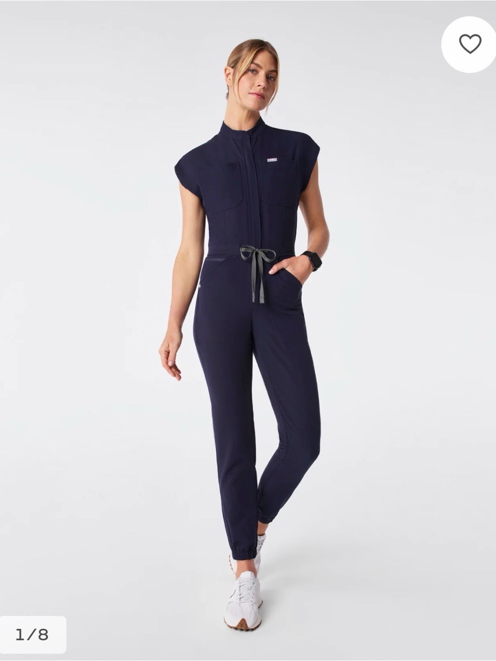 Figs Navy Short-Sleeve Zip Front Jumpsuit with Drawstring